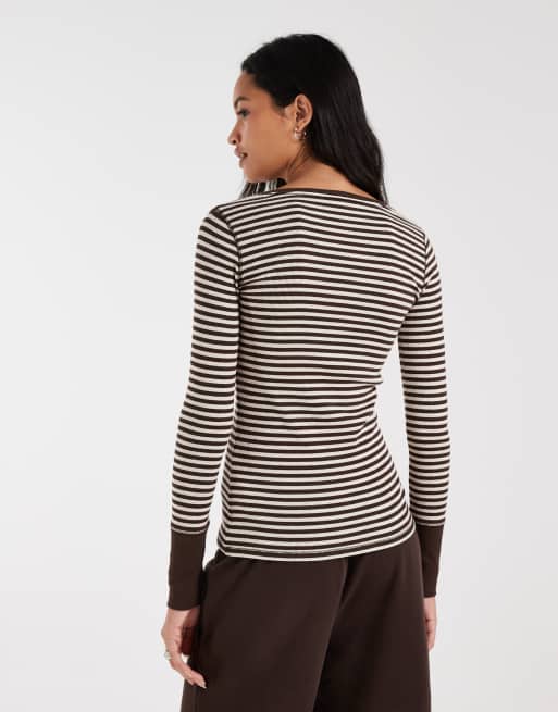 Hollister long sleeve button up henley top in brown and cream stripe, 4 of 4