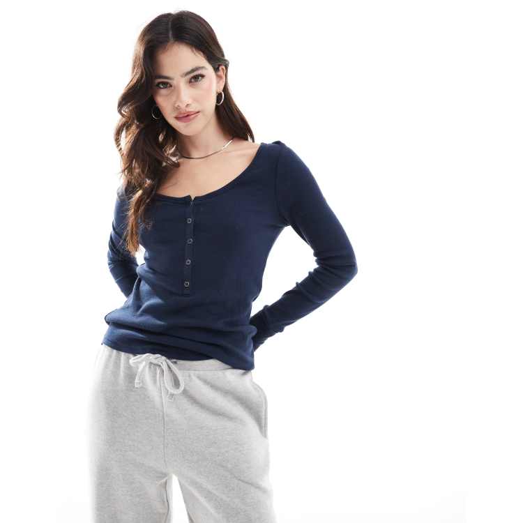 Hollister long sleeve button up top in navy | ASOS