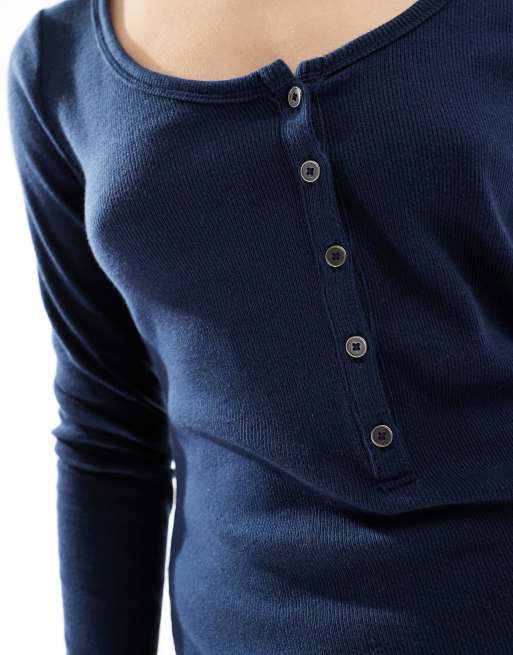 Hollister long sleeve button up top in navy | ASOS