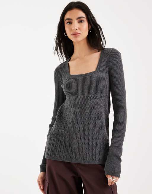 Hollister long sleeve cable knit babydoll top in gray