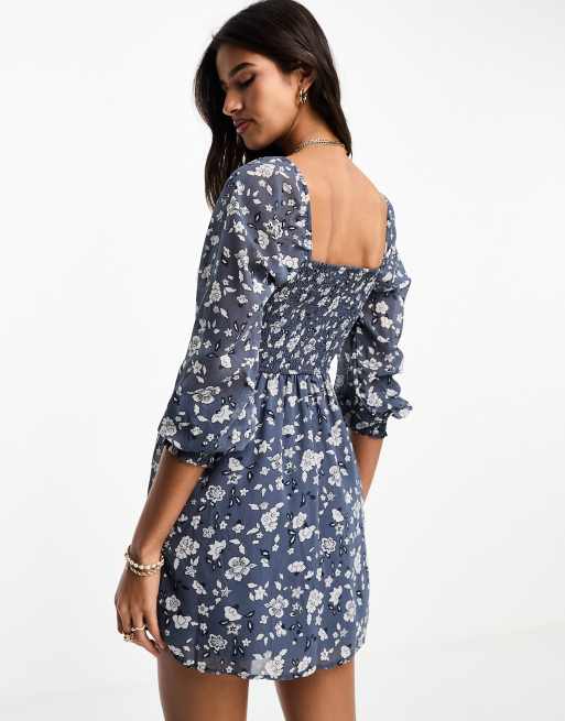 Hollister long sleeve chiffon mini dress in navy floral