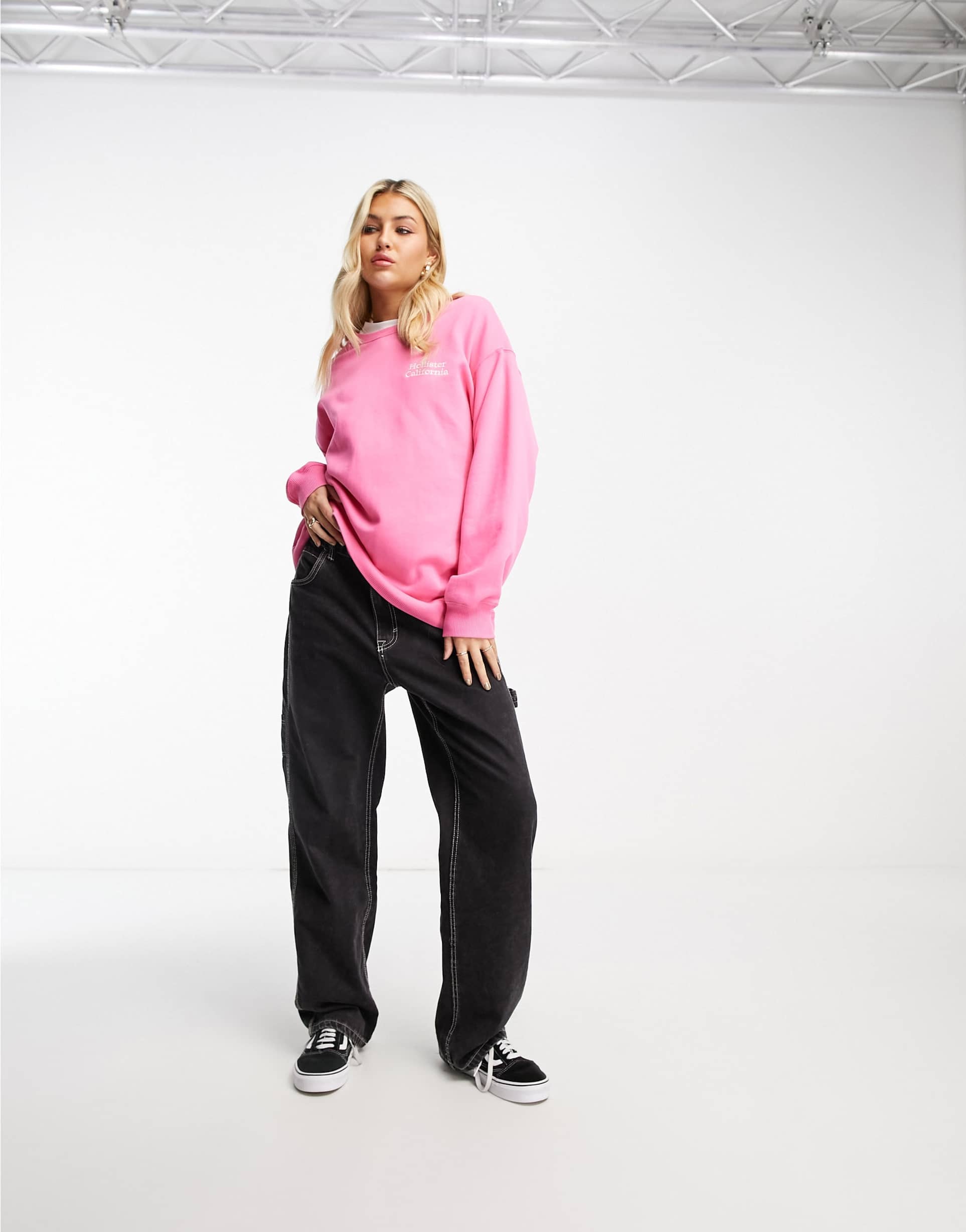 Hollister long sleeve crew neck jumper in pink view 4