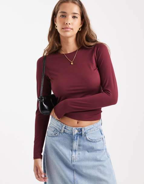 Hollister long sleeve crew neck top in burgundy - view 1