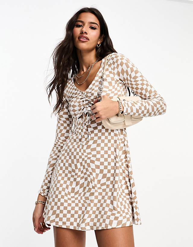 Hollister - long sleeve cutout mini dress in white and brown check