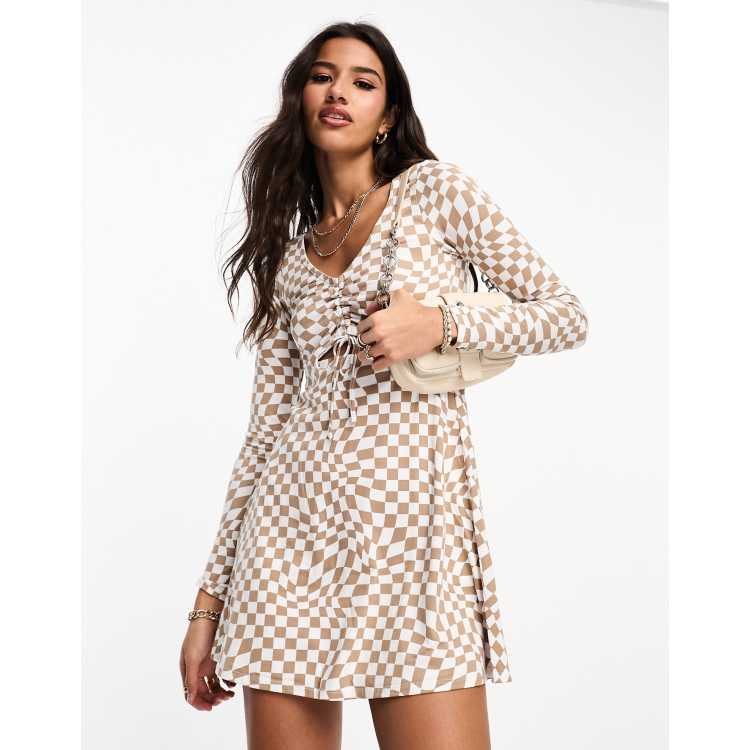 Hollister long sleeve cutout mini dress in white and brown check