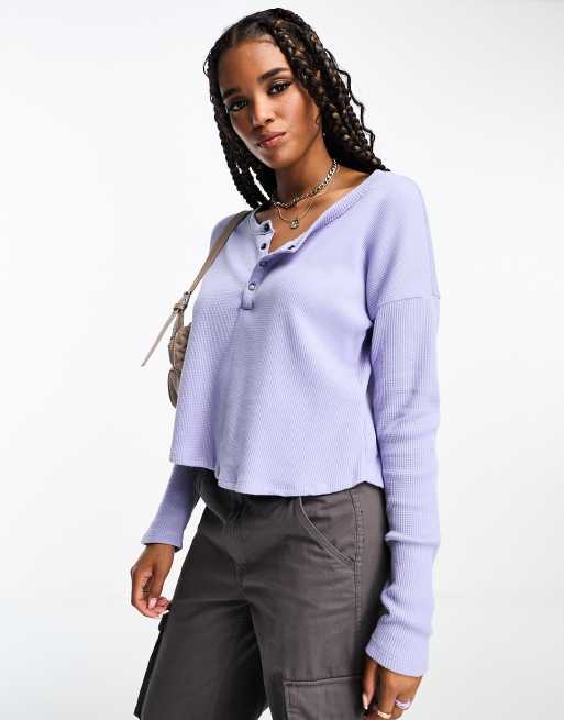 Hollister long sleeve easy waffle henley top in grey blue, 4 of 4
