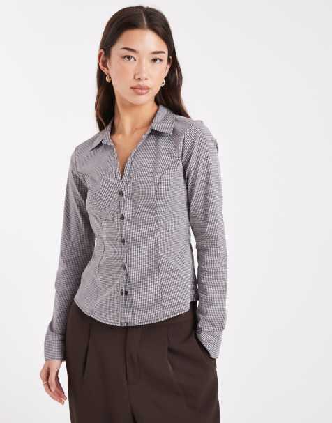 Hollister long sleeve fitted shirt in brown gingham - view 1