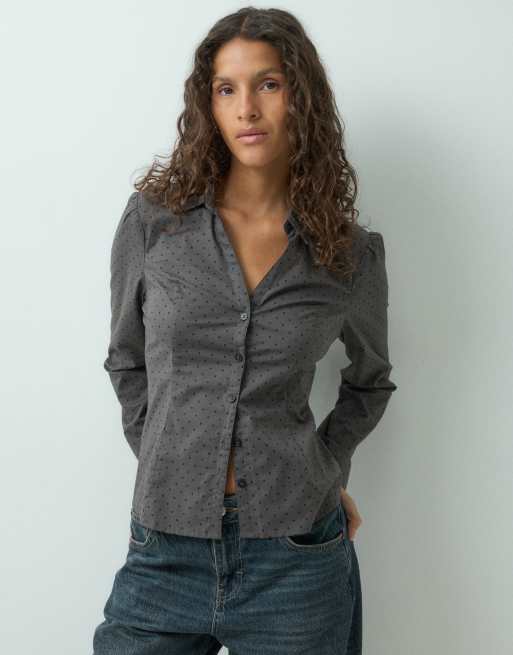 Hollister long sleeve fitted tie up shirt in grey polka dot, 1 of 5