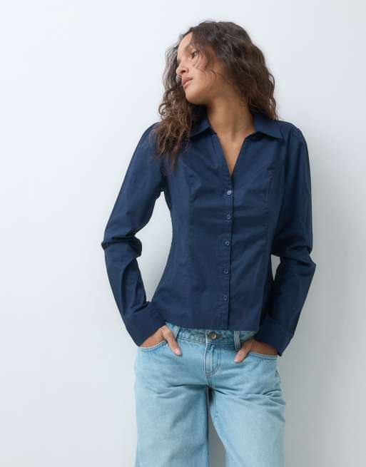 Hollister long sleeve fitted tie up shirt in navy, 3 of 5
