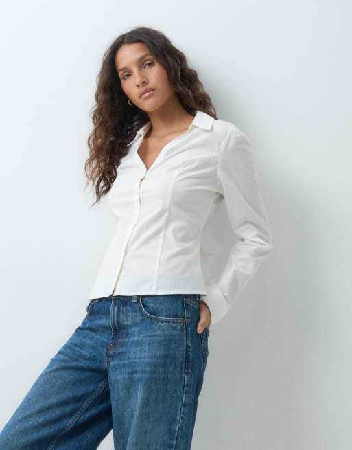 Hollister long sleeve fitted tie up shirt in white, 5 of 5