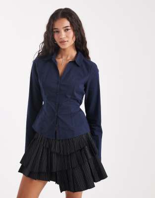 Hollister Long Sleeve Flared Cuffs Tie Waist Shirt In Blue