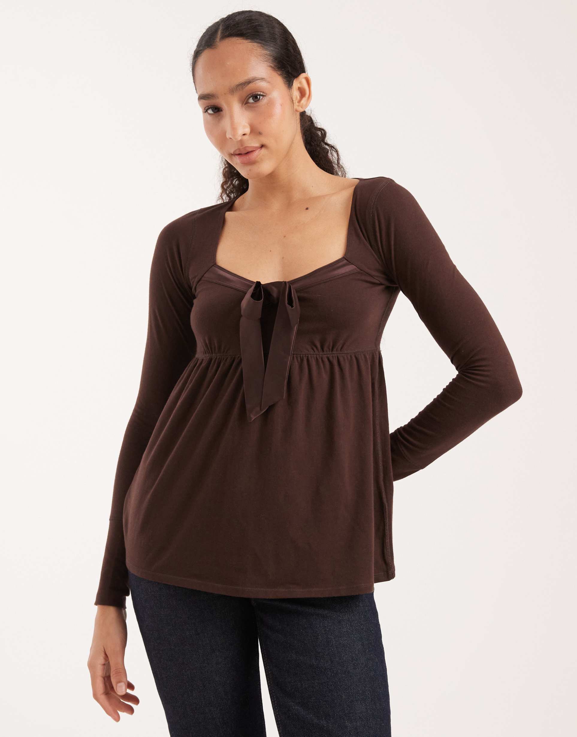 hollister long sleeve front bow babydoll top in brown