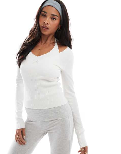 Hollister long sleeve halter neck detail top in cream - view 1