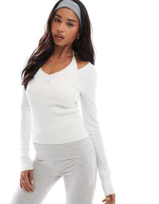 hollister long sleeve halter neck detail top in cream