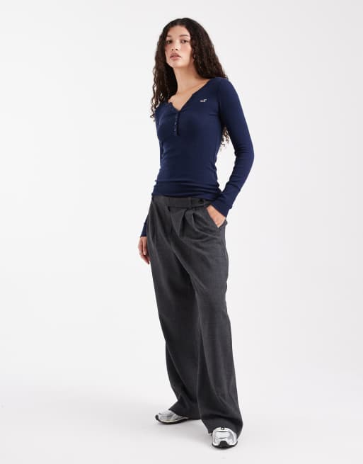 Hollister long sleeve henley neck top in navy