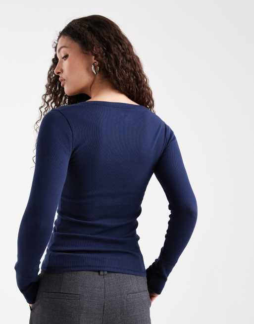 Hollister long sleeve henley neck top in navy