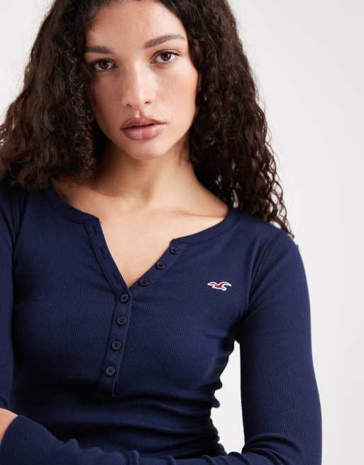 Hollister long sleeve henley neck top in navy