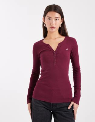 Hollister long sleeve henley top in burgundy