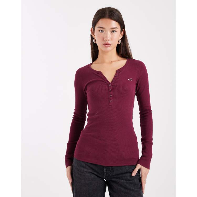 Hollister long sleeve henley top in burgundy | ASOS