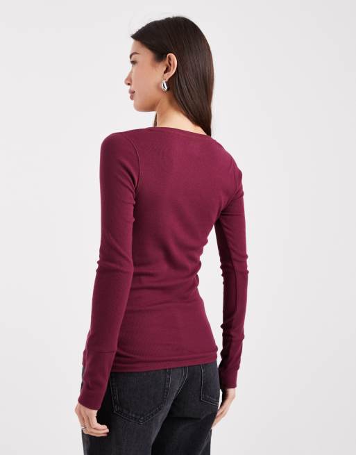 Hollister long sleeve henley top in burgundy ASOS