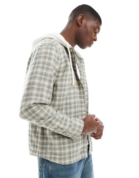 Hollister long sleeve hooded flannel shirt in green plaid - view 1