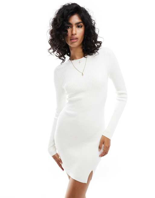 Hollister long sleeve knitted dress in white with crew neck ASOS