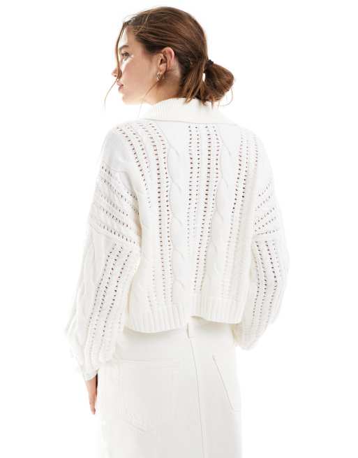 Hollister long sleeve knitted jumper with polo collar in white ASOS