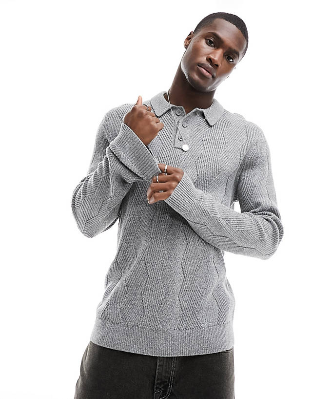 Hollister - long sleeve knitted polo top in grey