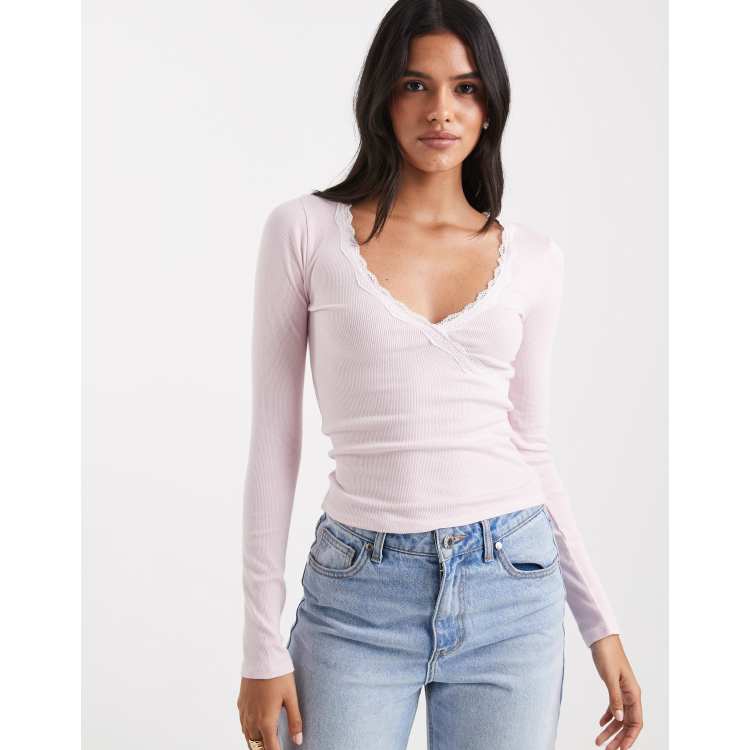 Hollister long sleeve lace trim top in pink | ASOS