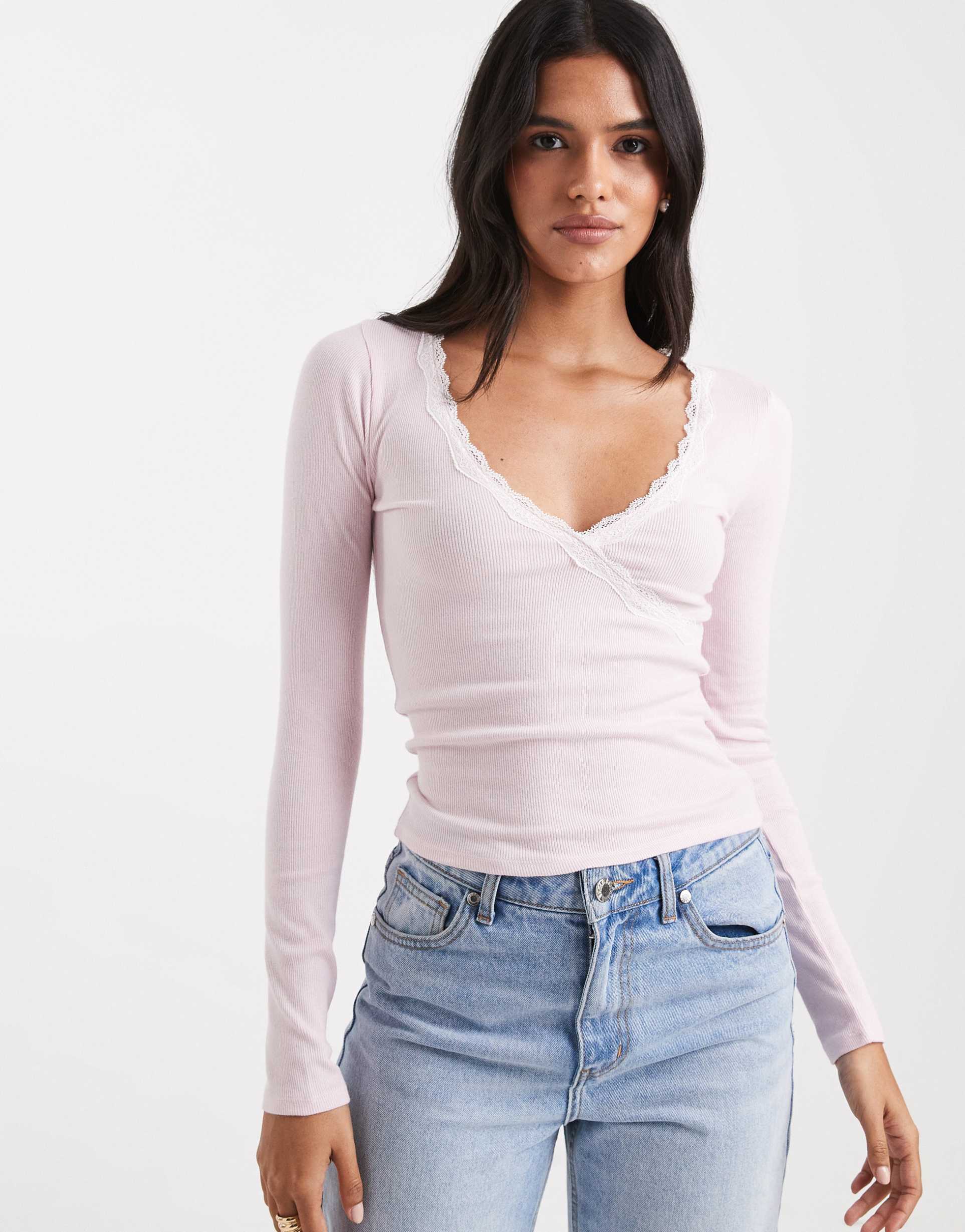 hollister long sleeve lace trim top in pink