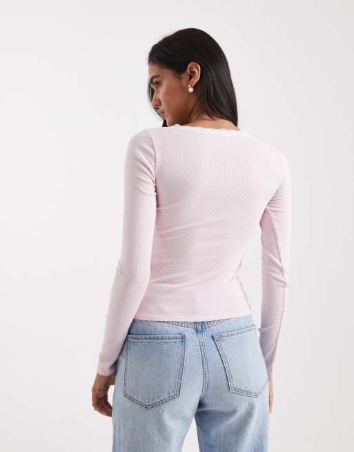 Hollister long sleeve lace trim top in pink
