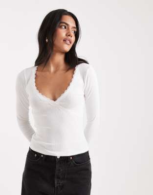 Hollister Long Sleeve Lace Trim Top In White