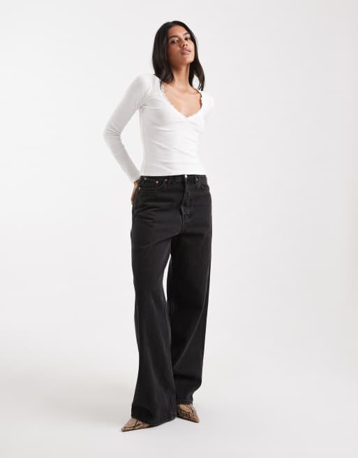 Hollister long sleeve lace trim top in white