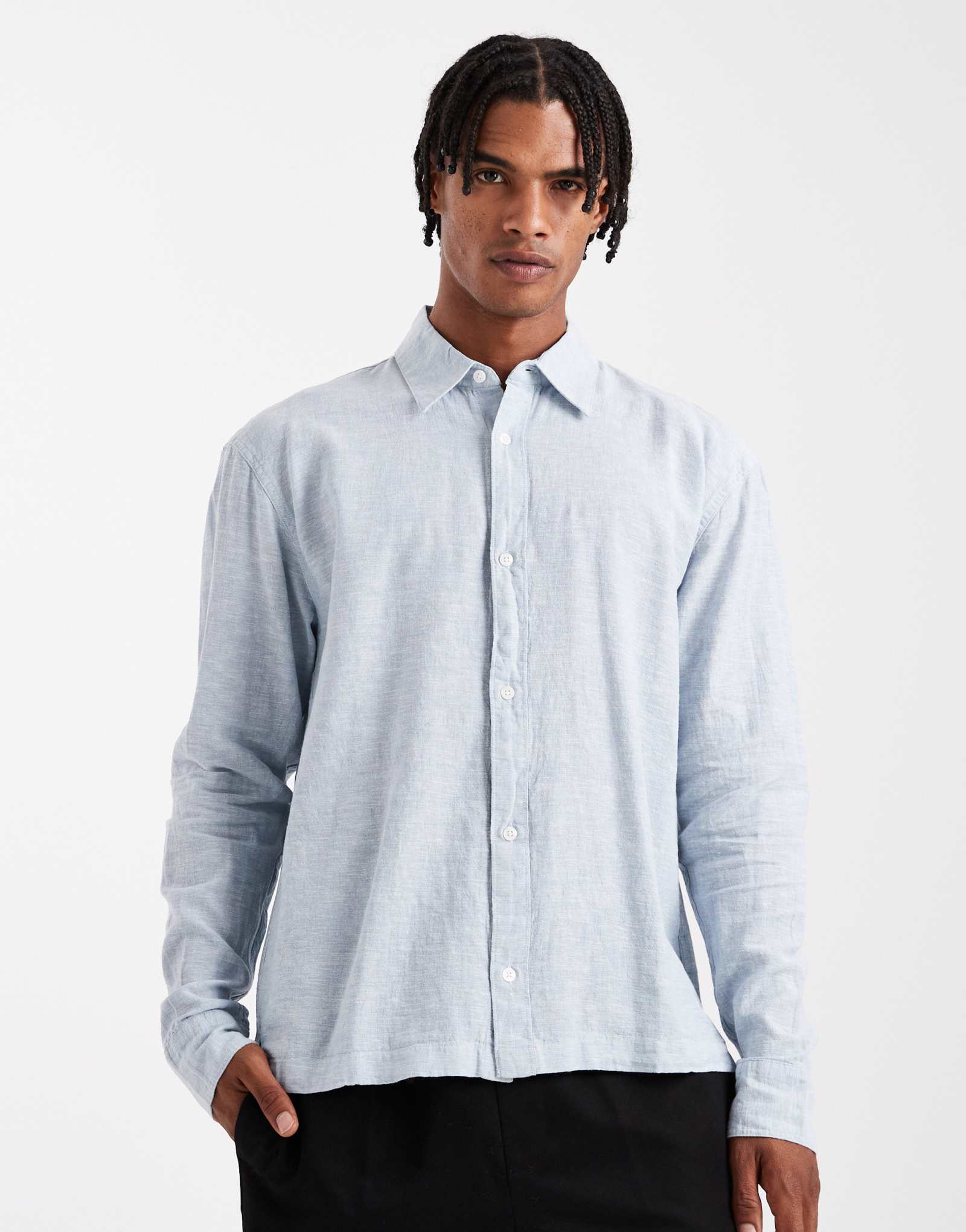 Синяя рубашка из льняной смеси Hollister с длинным рукавом