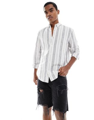 Hollister long sleeve linen blend shirt in white stripe-Multi
