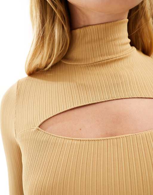 Hollister long sleeve midi knit dress with mock neck cut out in tan