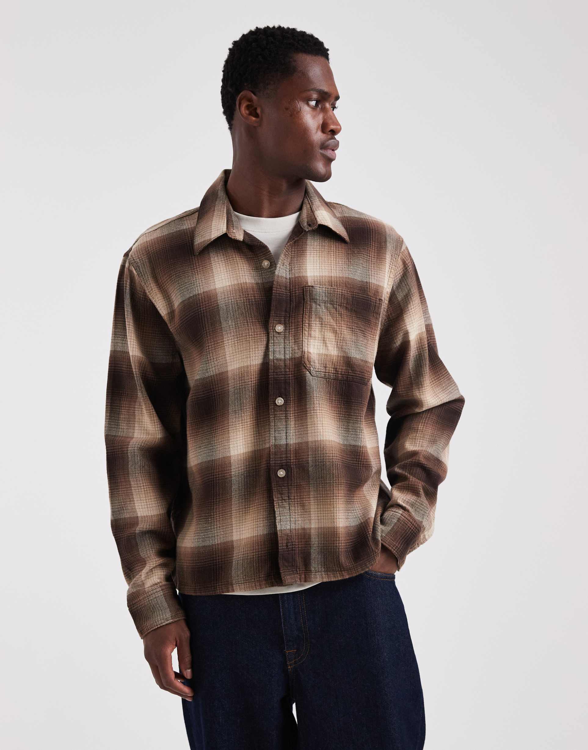 hollister long sleeve plaid shirt in brown