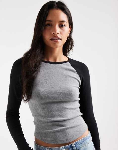 Hollister long sleeve raglan crew neck t-shirt in grey and black - view 1