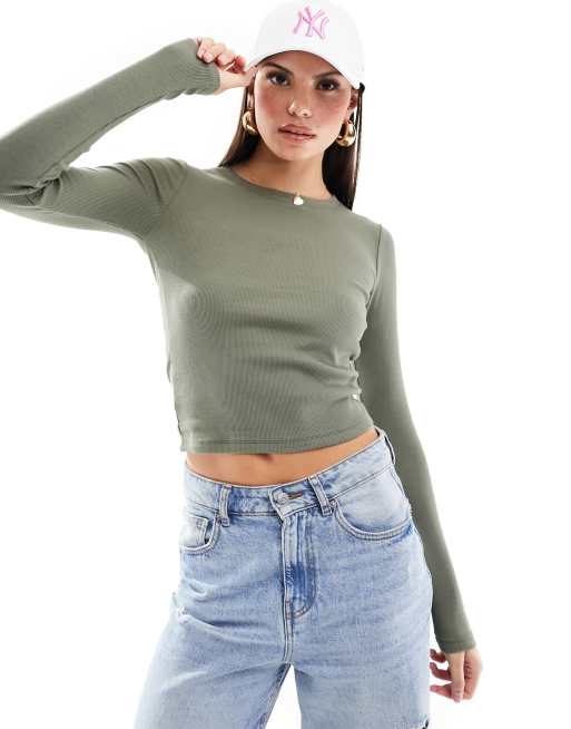 Hollister long sleeve ribbed top in green | ASOS