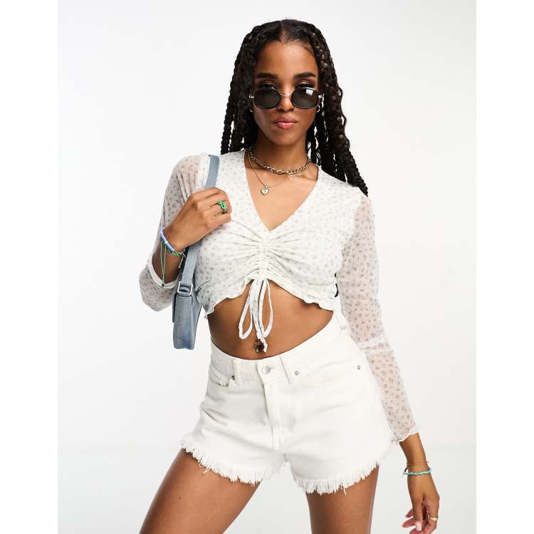 Hollister long sleeve ruched front mesh top in white based floral