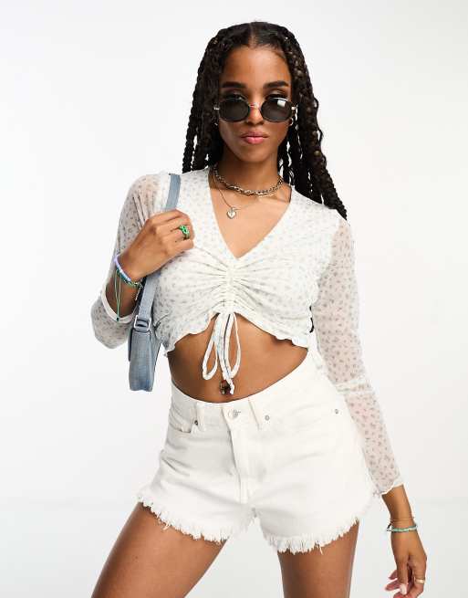 Hollister long sleeve ruched front mesh top in white based floral