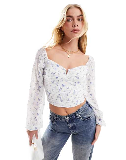 Hollister long sleeve ruched top in white floral print