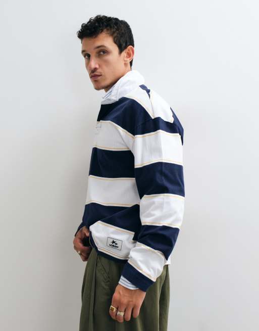 Hollister long sleeve rugby polo in white and navy stripe, 2 of 5