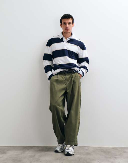 Hollister long sleeve rugby polo in white and navy stripe, 3 of 5