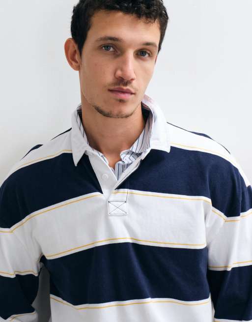 Hollister long sleeve rugby polo in white and navy stripe, 4 of 5