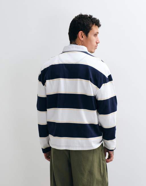 Hollister long sleeve rugby polo in white and navy stripe, 5 of 5