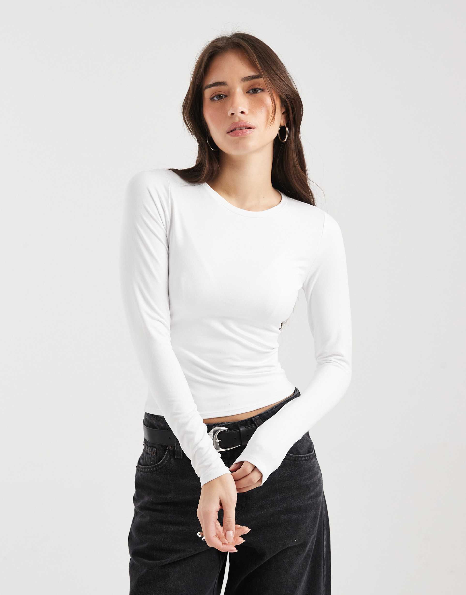 hollister long sleeve seamless crew neck top in white