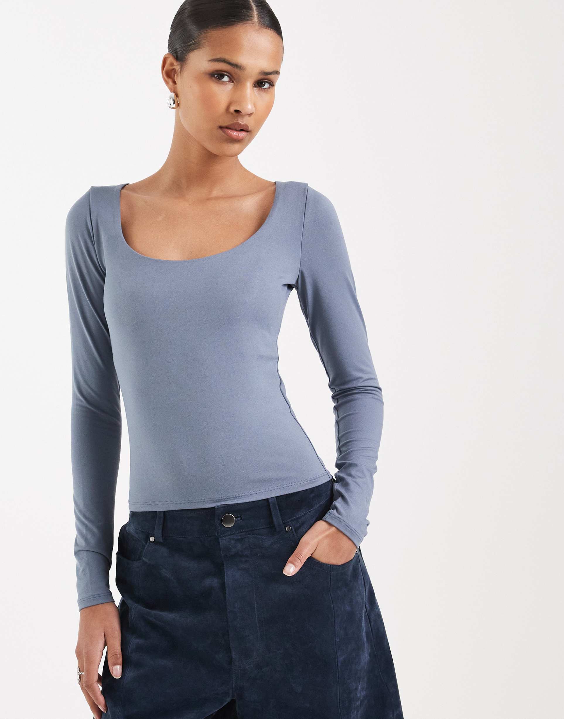 hollister long sleeve seamless scoop neck top in blue
