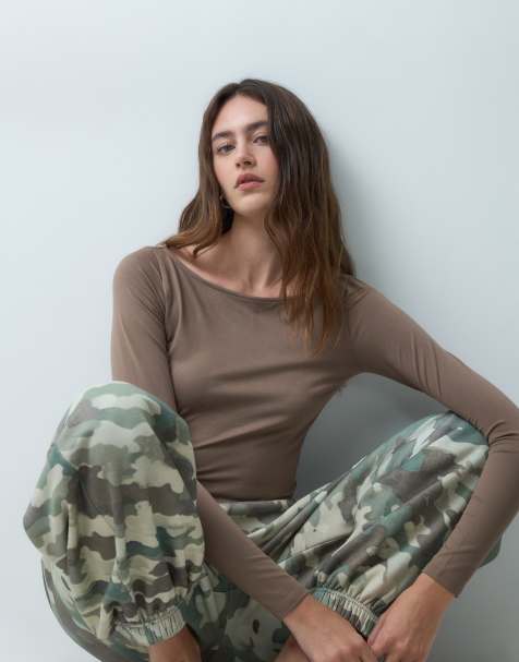 Hollister long sleeve seamless scoop neck top in light brown - view 1