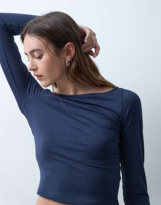 Hollister long sleeve seamless scoop neck top in navy, 1 of 4